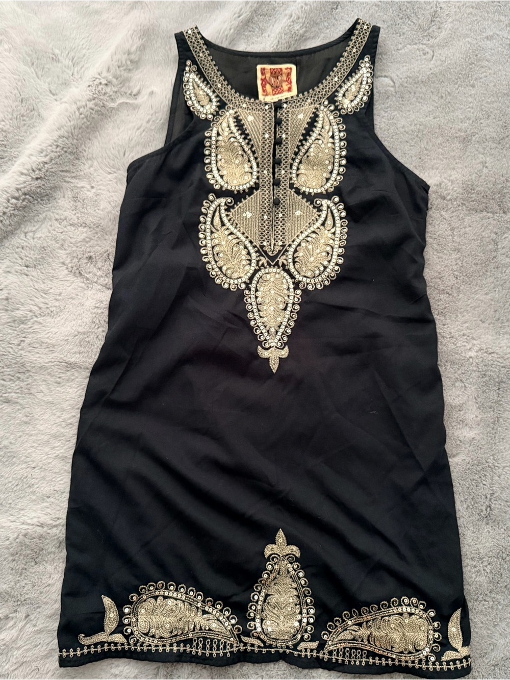 Free People Black Gold Sequin Embroidered Paisley Shift Mini Dress Size 8